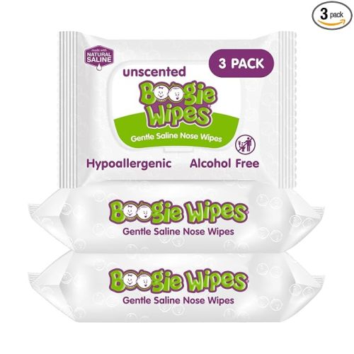 Boogie Wipes Saline Nose Wipes - 90 Count - Unscented, Hypoallergenic & Alcohol-Free - Allergy Relief - Made with Natural Saline, Aloe, Chamomile & Vitamin E - Diaper Bag Essential