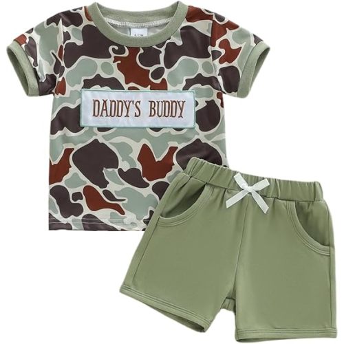Baby Boy Summer Outfit Camouflage Mamas Boy/Daddys Buddy Letter Embroidery Short Sleeve T Shirt and Shorts Set 12-18 Month