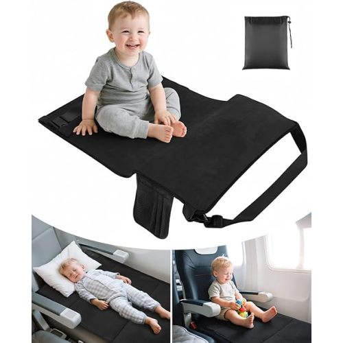 Toddler Airplane Bed, Portable Airplane Seat Extender Travel Bed for Kids, Soft Baby Plane Travel Essentials for Flying, Toddlers Long Flight Must Haves Footrest Black