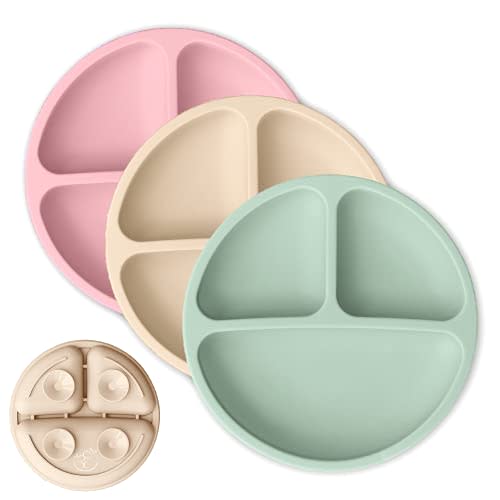 Hippypotamus Toddler Plates with Suction - Baby Plates - 100% Food-Grade Silicone Divided Plates - BPA Free - Microwave & Dishwasher Safe - Set of 3 (Sage / Blush / Nude)