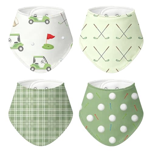 4 Pcs Golf Baby Bibs for Boys Girls Baby Golf Stuff Cotton Bandanas Adjustable Absorbent Triangle Bibs for Drooling and Teething Vintage Sports Nursery Items Infant Essentials Newborn Gifts