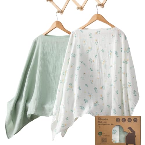 Cotton Muslin Nursing Cover, 2 Pack, 360° Full Privacy Poncho | Soft, Lightweight & Breathable Breastfeeding Cover, Multi-Use Car Seat Canopy & Stroller Cover(Green & Yellow Floral Print)