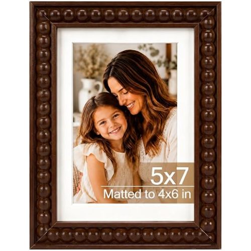 Solid Wood 5x7 Picture Frame Beaded Frame with 4x6 Mat, Rustic Vintage 5 by 7 Photo Frame Matted with Plexiglass for Tabletop or Wall Display, Brown