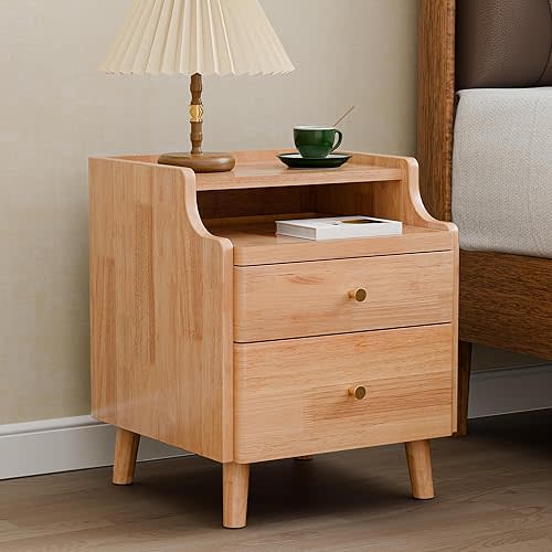 Nightstand with Drawers, Pre-Assembled, 19.7" H Natural Solid Wood Night Stand with Open Sliding Shelf, Mid Century Modern Small Bedside Table Cabinet for Bedroom, Natural Oak 16"