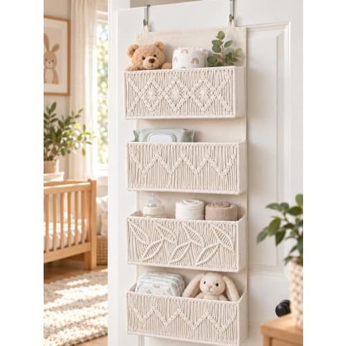Macrame Over the Door Organizer, Boho Nursery Door Organizer with 4 Large Hanging Pockets, Over Door Baby Organizer for Diapers, Wipes, Bathroom, Bedroom