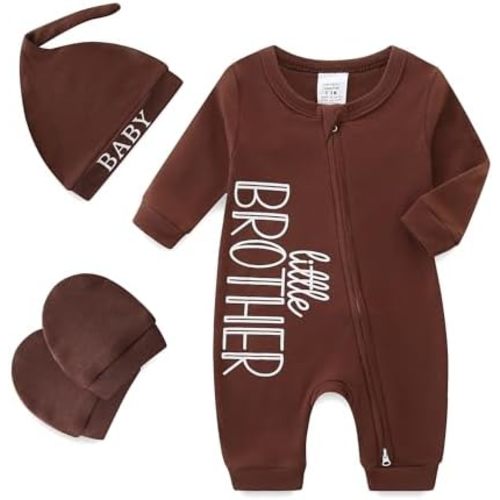 Baby Boy Clothes Little Brother Newborn Outfit 0-3 Months Coming Home Romper with Mittens and Hat
