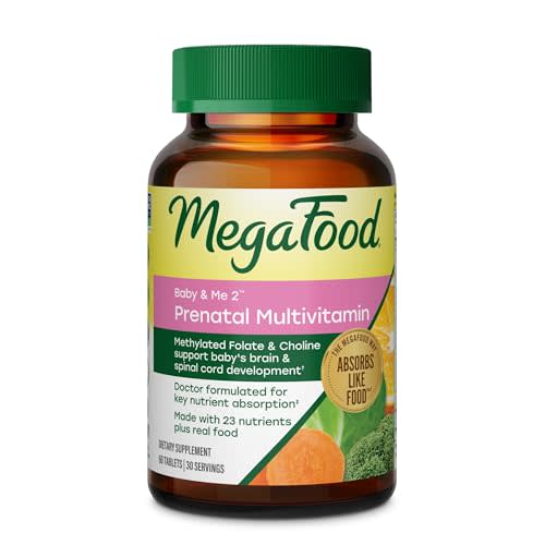 MegaFood Baby & Me 2 Prenatal Vitamin and Minerals - Vitamins for Women - with Folate (Folic Acid Natural Form), Choline, Iron, Iodine, and Vitamin C, Vitamin D and more - 60 Tabs (30 Servings)