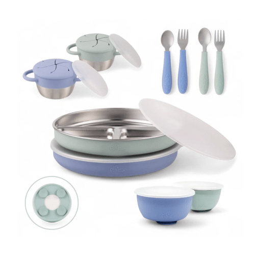 Stainless Steel Mealtime Bundle | Plates, Bowls, Snack Cups + Toddler Utensils | Suction Sleeves | Sage/MistyBlue