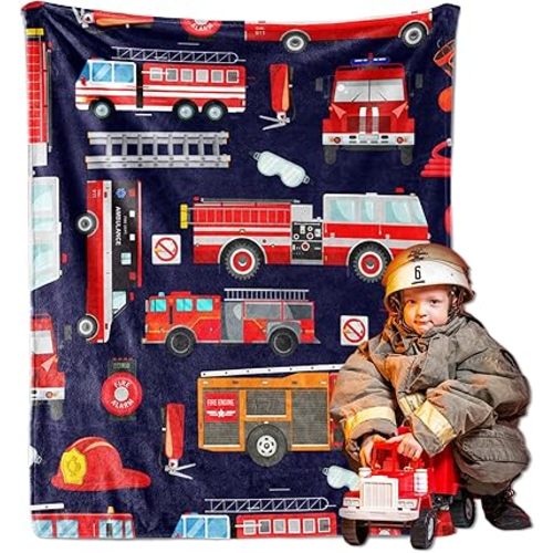 Fire Truck Blanket for Boys, Fire Truck Throw Blanket for Kids, Blue Firefighter for Teens, Soft lightweight Flannel Truck Car Blankets for Teen Men Birthday Gifts Sofa Couch Bed Decor 50x40In