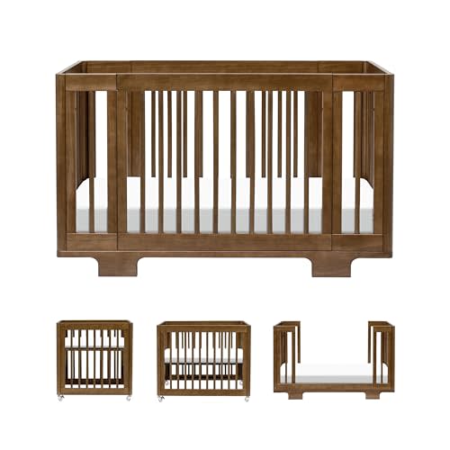 Babyletto Yuzu Convertible All-Stages® Bassinet, Midi, Full-Size Crib in Natural Walnut, Greenguard Gold Certified, Portable & Adjustable with Conversion Kits and Pads Included