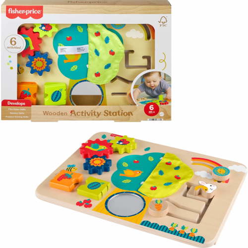 Fisher-Price Wooden Activity Station Baby Busy Board Toy for Developmental Play, 6 Months +