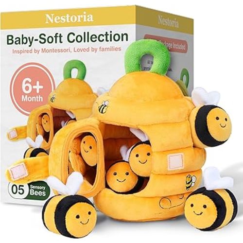 Nestoria Baby Plush Beehive Toy – Montessori Sensory Playset with 5 Soft Bees – Fine Motor Skill Development, Educational Plush Toy for Babies & Toddlers 6 12 36 Months | Baby Christmas Birthday Gift