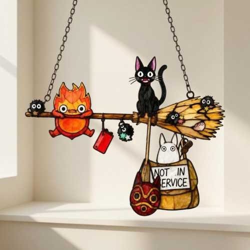 Ho/wl's M/oving Cas//tle Acrylic Suncatcher, Calcifer Jiji Totoro Witch Window Hanging, Studio Ghibli Anime Fan Gift