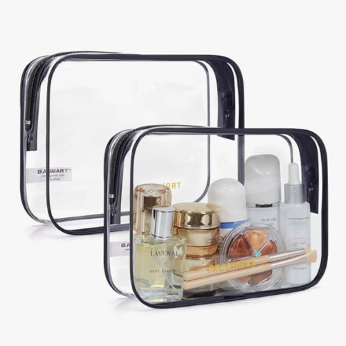 BAGSMART Clear Toiletry Bag, 2 Packs TSA Approved Water resistant Quart Size Travel Organizer, Airport Airline Travel Essential Carry On Makeup Cosmetic Bags for Women, Black