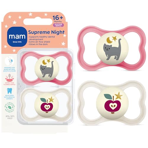MAM Supreme Baby Premium Pacifier, Newborns 16+ Months, Developed with Orthodontists, Extra Air Flow for Sensitive Skin, Glows in The Dark, BPA-Free Silicone, Sterilizer Case, 2 Pack, Made in Europe