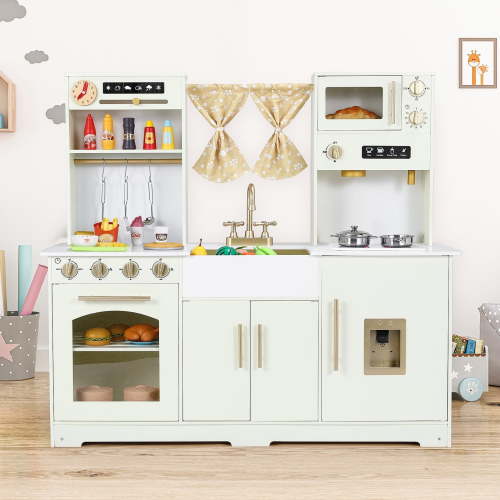Arlopu Kids Kitchen Playset w/ Real Lights & Sounds, Wooden Kitchen Toy Set w/ Curtain, Stove, Water Dispenser, Sink & Microwave, Beige