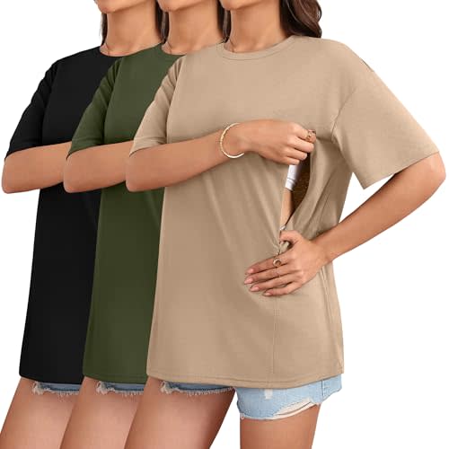 Sweetyweee 3 Pack Women's Oversize Nursing Breastfeeding Shirts Hidden Zipper Cotton Short Sleeve Loose Fit Maternity Tops