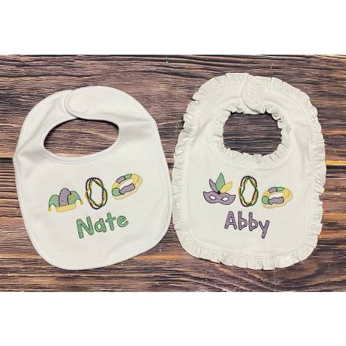 Embroidered Mardi Gras bib, first Mardi Gras, boy Mardi Gras bib, girl Mardi Gras bib, baby shower present, personalized Mardi Gras shirt