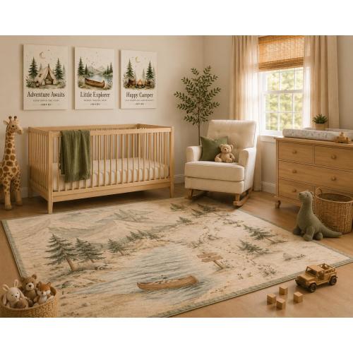 Woodland Nursery Rug | Mountain Lake Area Rug | Adventure Nursery Decor | Baby Shower Gift | Kids Playroom Rug | Rustic Cabin Decor