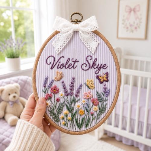 Personalized Wildflower Embroidered Baby Name Hoop, Custom Lavender Nursery Wall Decor, Floral Baby Name Sign, Baby Shower Gift,Newborn Gift