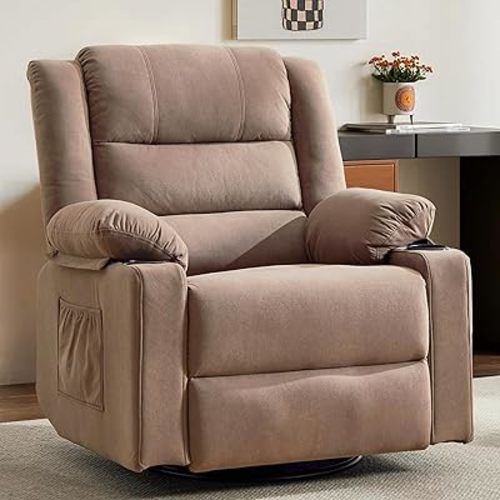 360°Swivel Rocker Recliner Chair for Adults,Manual Glider Recliner Sofa with Massage and Heating, Nursery Rocking Chairs with Cup Holds for Living Room Bedroom R1168 (Fabric Mocha)