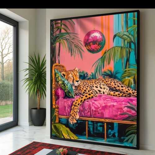 Relaxing Cheetah on Pink Couch Canvas, Tropical Jungle Wall Art, Exotic Animal Decor, Vibrant Home Decoration, Modern Canvas Print