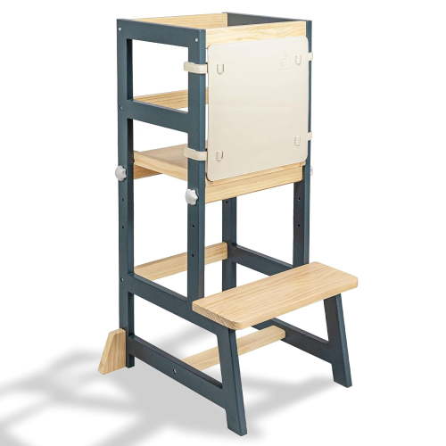 Kitchen Stool Helper for Kids with Non-Slip Mat, Toddler StandingTower for Learning, Wooden Toddler Stepping Stool for Counter & Bathroom Sink (Deep-Blue-Adjustable)