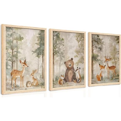 Woodland Forest Animal Nursery Wall Art, Set of 3