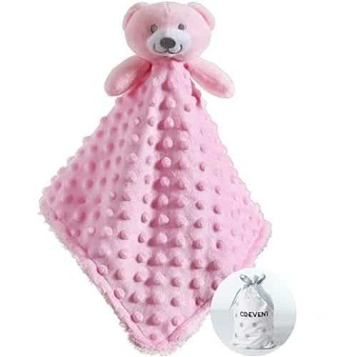 CREVENT Baby Comforting Security Blanket Lovey for Newborn Baby Girls Infants, Minky Dot Front + Sherpa Backing with Animal Face (Pink Bear)
