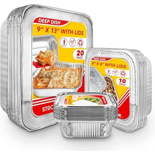 Stock Your Home Disposable Foil Pans with Lids (Set of 40) Heavy Duty Aluminum Pans with Lids (20) 9x13, (10) 8x8, (10) 1-Lb Baking Tins with Covers for Cooking, Heating, Storing, Holiday Dinner Meals