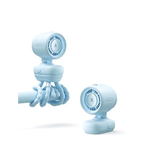 JISULIFE 2026 Stroller Fan – Small & Stylish with 38H Cooling | Soft Night Light, LED Display, One‑Click Detachable Baby Fan for Stroller Crib Desk Car Seat Travel, Gift for Baby Mom-Blue
