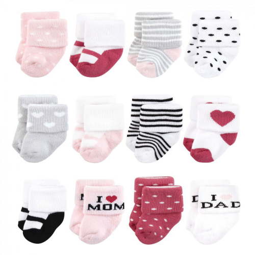 Hudson Baby Infant Girl Cotton Rich Newborn and Terry Socks, Mom and Dad Girl Pink Black, 6-12 Months