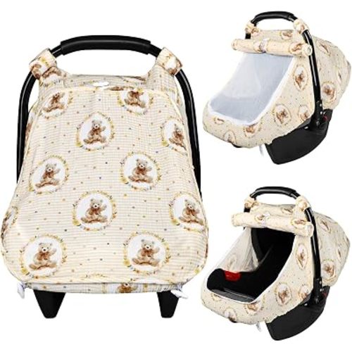 Hooyax Baby Car Seat Cover with Large Window, Breathable Muslin Carseat Canopy for Infant, Protective Stroller Shade for Boys Girls, Universal Car Seat Cover for Newborn, (Bear)