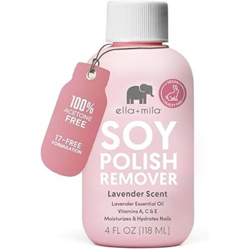 ella+mila Soy Nail Polish Remover - Non-Acetone, Non-Toxic Fingernail Polish Remover for Natural Nails - Gentle, Vegan Formula with Lavender Oil & Vitamins A, C & E (4 fl oz)