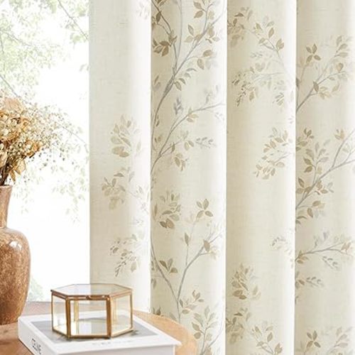 Amzdecor Grey Tan Botanical Full Blackout Curtains 84 Inches Long 2 Panels for Bedroom Living Room Floral Leaf Pattern Thermal Soundproof Drapes Farmhouse Rod Pocket Back Tab Window Treatment, 40"x84"
