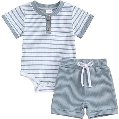 MA&BABY Newborn Baby Boy Clothes Ribbed Knit Stripe Romper Solid Shorts Set | Infant Boys Summer Outfits 0 3 6 9 12 18 Months, Short Sleeve, Checkered, Cute Soft Cotton 2Pcs Clothing Set