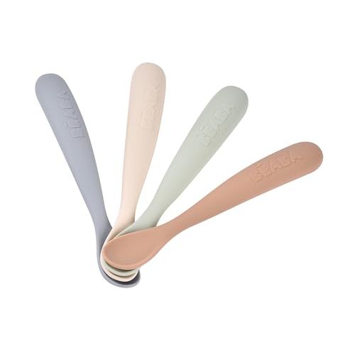 BEABA First Stage Baby Feeding Spoon Set, The Original Soft Tip Silicone Spoons for Babies, Gum Friendly BPA Lead Phthalate and Plastic Free, Great Gift Set (4 Pack), Natural