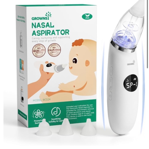 Amazon.com: GROWNSY Baby Nasal Aspirator,Ergonomic Nose Sucker with Music & Light,White | 3 Food-Grade Silicone Tips, Ambient Light & Soothing Music, Larger Suction Chamber, Rounded Body Design for Safe Gentle Use