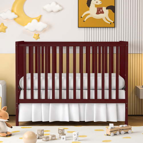 SESSLIFE 5-In-1 Convertible Crib, Cherry Baby Bed, Converts from Baby Crib to Toddler Bed, Fits Standard Full-Size Crib Mattress(Not Included)