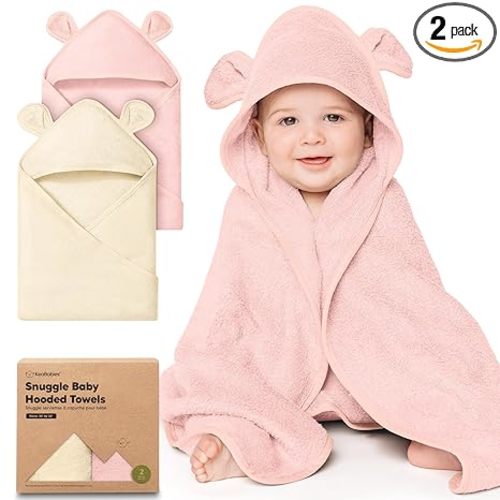 KeaBabies 2-Pack Hooded Baby Towels for Newborn - 30x30 Soft & Absorbent Viscose From Bamboo Baby Bath Towels with Hood for Infant, Toddler,Kids,Boys Girls,Newborn Bath Essentials (Rose Ivory, Petite)