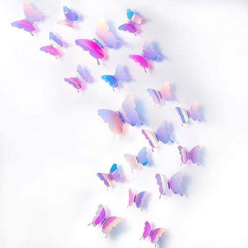 BBTO 48 Pieces Butterfly Wall Decor DIY 3D Mirror Butterfly Stickers Removable Decals Crafts for Birthday Party Bedroom School Bathroom Living Room Decor(Transparency Colorful Pink)
