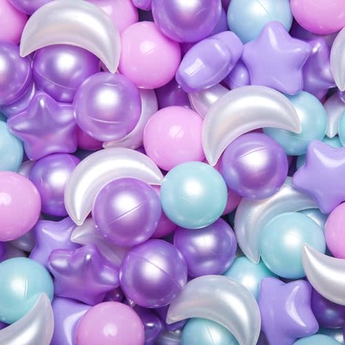 GOGOSO Ball Pit Balls Stars Moon Shapes Plastic Pitballs for Toddler Play Tent Baby Photo Props Kids Pool Water Toys Kiddie Pool Party Decor, Pearl Pink+Pearl Purple+Pearl Light Blue,100PCS