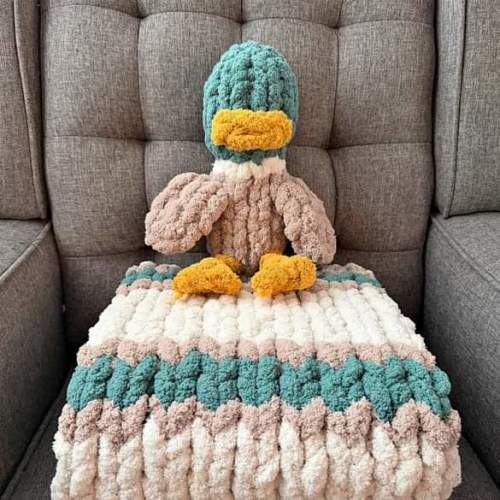 Handmade Chunky Baby Blanket + Duck Lovey Set