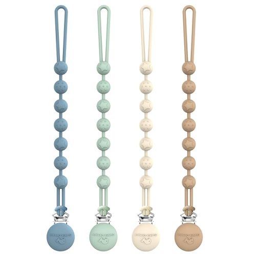 Cuddle Campus Silicone Pacifier Clip Holder with One Piece Design, Pack of 4 Soft Flexible Binky Clips with Texture for Baby Boy and Girl - Neutral Colors - 6m+ Round