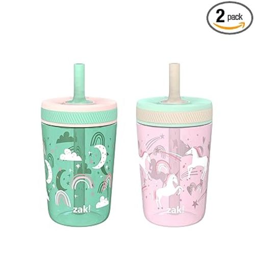 Zak Designs Kelso Toddler Cups For Travel or At Home, 15oz 2-Pack Durable Plastic Sippy Cups With Leak-Proof Design is Perfect For Kids (Fanciful Unicorn, Happy Skies)