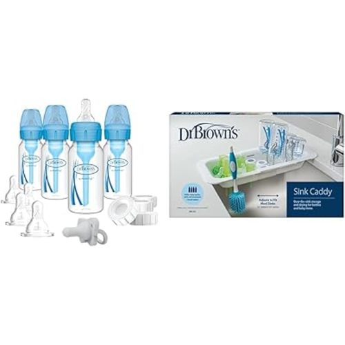 Dr. Brown's Anti-Colic Options+ Narrow Feeding Set Travel Caps, Pacifier, Blue + Dr. Brown's Sink Caddy for Baby Bottles and Parts Over The Sink Kitchen Storage, Drying Rack, and Organizer, BPA-Free