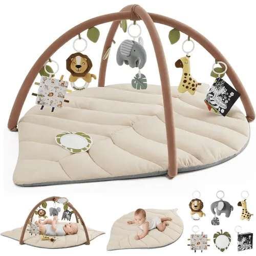 Blissful Diary Baby Play Gym & Activity Mat, Leaf Shaped Baby Tummy Time Play Mat with 6 Detachable Toys, Promotes Motor Skills & Sensory Development, Newborn Baby Essentials Gift, Oatmeal Beige