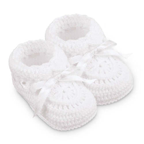 Newborn White Hand Crochet Ribbon Booties