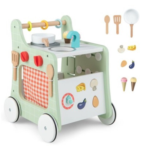 Wooden 6-in-1 Baby Push Walker Toy with Play Kitchen and Storage, 12+ Months
