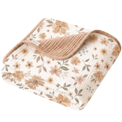 Konssy Muslin Baby Blankets for Girls Boys, 100% Cotton Crib Blanket for Infant Toddler, Super Soft and Lightweight Nursery Swaddling Wrap 40"x36" (Flourish)
